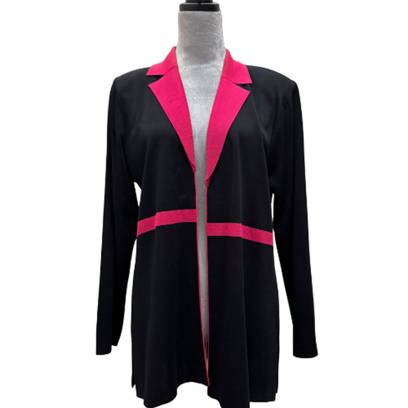 Misook Black & Pink Open Cardigan Jacket Tunic Sweater L Acrylic Knit Made Korea - Picture 3 of 7
